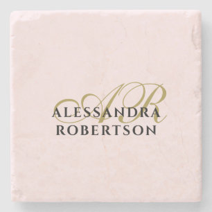 Aangepaste Monogram Pastel Roze Goud Zwart Minimal Stenen Onderzetter