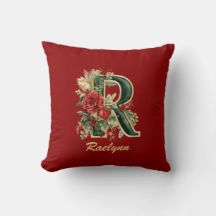 Aangepaste Monogram R Kerst Rood Goud Gooi Kussen