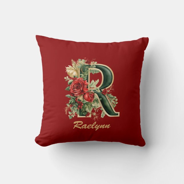 Aangepaste  Monogram R Kerst Rood Goud Gooi Kussen (Voorkant)
