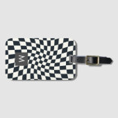 Aangepaste Monogram Retro Warped Black White Check Bagagelabel (Voorkant (horizontaal))
