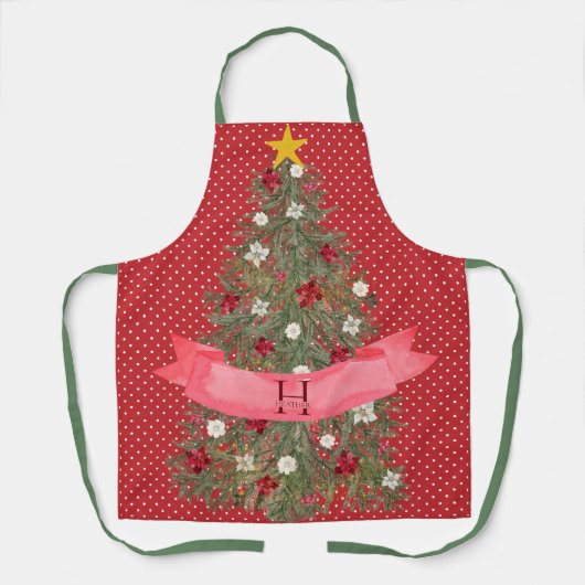 Aangepaste Monogram Rode Stippen Waterverf Kerstbo Schort (Voorkant)