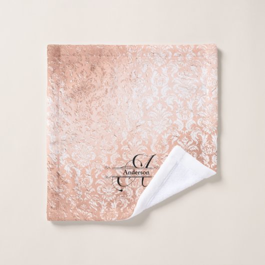 Aangepaste monogram Roos Gold Damask Bad Handdoek (Wasdoekje)