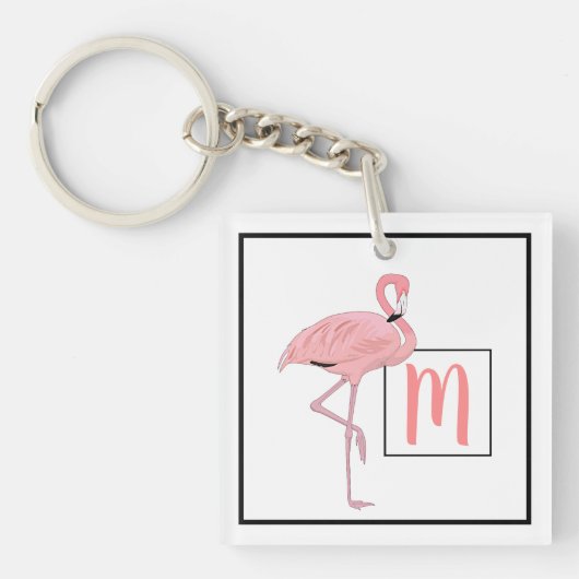Aangepaste monogram roze flamingo Waterverf kunst Sleutelhanger (Voorkant)