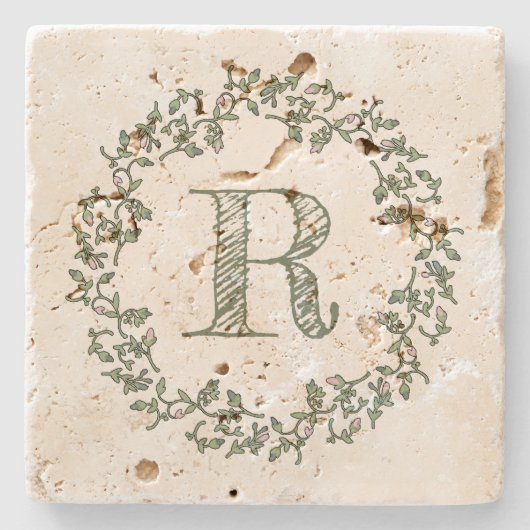 Aangepaste monogram Sage Green Floral Stenen Onderzetter (Voorkant)