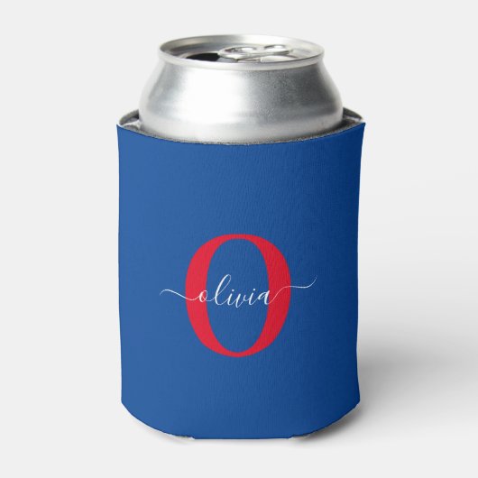 Aangepaste monogram scriptnaam Blauw rood Blikjeskoeler (Blikje Voorkant)