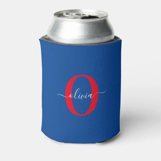 Aangepaste monogram scriptnaam Blauw rood Blikjeskoeler (Blikje Achterkant)