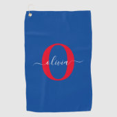 Aangepaste monogram scriptnaam Blauw rood Golfhanddoek (Voorkant)
