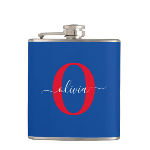 Aangepaste monogram scriptnaam Blauw rood Heupfles