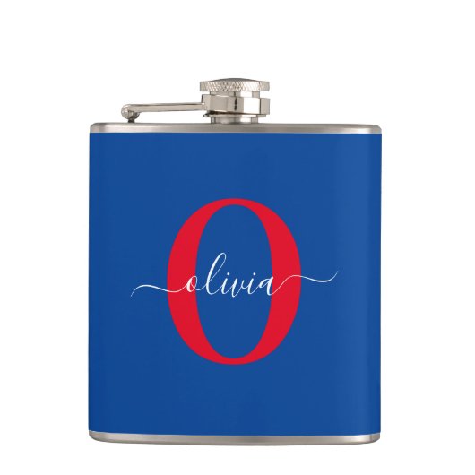 Aangepaste monogram scriptnaam Blauw rood Heupfles (Voorkant)