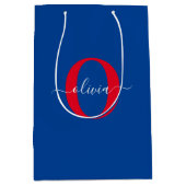 Aangepaste monogram scriptnaam Blauw rood Medium Cadeauzakje (Voorkant)