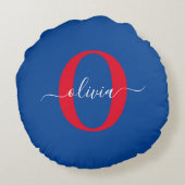 Aangepaste monogram scriptnaam Blauw rood Rond Kussen (Achterkant)