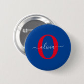 Aangepaste monogram scriptnaam Blauw rood Ronde Button 5,7 Cm (Voorkant /achterkant)