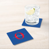 Aangepaste monogram scriptnaam Blauw rood Vierkante Kartonnen Onderzetter (Insitu)