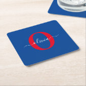 Aangepaste monogram scriptnaam Blauw rood Vierkante Kartonnen Onderzetter (Schuin)