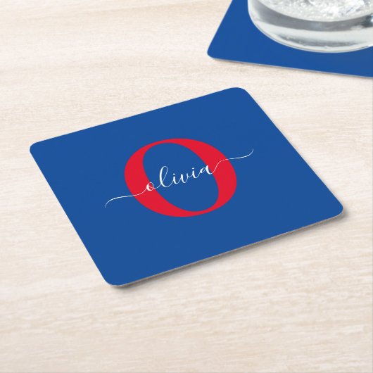 Aangepaste monogram scriptnaam Blauw rood Vierkante Kartonnen Onderzetter (Schuin)