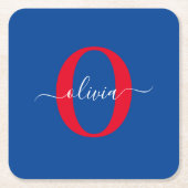 Aangepaste monogram scriptnaam Blauw rood Vierkante Kartonnen Onderzetter (Voorkant)