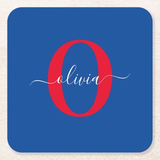 Aangepaste monogram scriptnaam Blauw rood Vierkante Kartonnen Onderzetter (Voorkant)