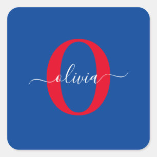 Aangepaste monogram scriptnaam Blauw rood Vierkante Sticker