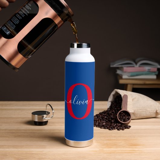 Aangepaste monogram scriptnaam Blauw rood Waterfles (Koffie)