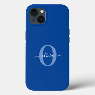 Aangepaste monogram scriptnaam Blauw Wit iPhone 13 Hoesje