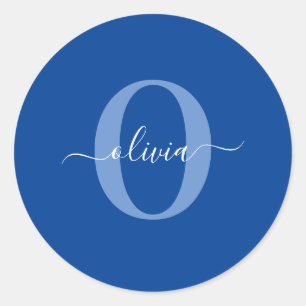 Aangepaste monogram scriptnaam Blauw Wit Ronde Sticker