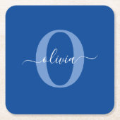 Aangepaste monogram scriptnaam Blauw Wit Vierkante Kartonnen Onderzetter (Voorkant)