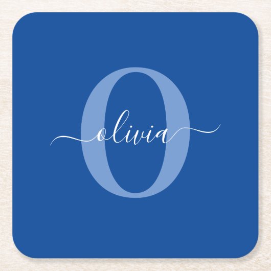 Aangepaste monogram scriptnaam Blauw Wit Vierkante Kartonnen Onderzetter (Voorkant)