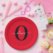 Aangepaste monogram scriptnaam rood zwart wit papieren bordje (Feest)
