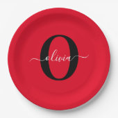 Aangepaste monogram scriptnaam rood zwart wit papieren bordje (Voorkant)