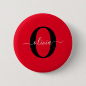 Aangepaste monogram scriptnaam rood zwart wit ronde button 5,7 cm (Voorkant)