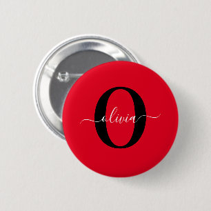 Aangepaste monogram scriptnaam rood zwart wit ronde button 5,7 cm