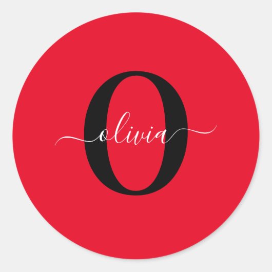 Aangepaste monogram scriptnaam rood zwart wit ronde sticker (Voorkant)
