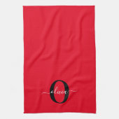 Aangepaste monogram scriptnaam rood zwart wit theedoek (Verticaal)