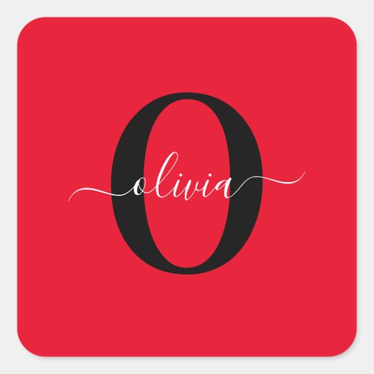 Aangepaste monogram scriptnaam rood zwart wit vierkante sticker (Voorkant)
