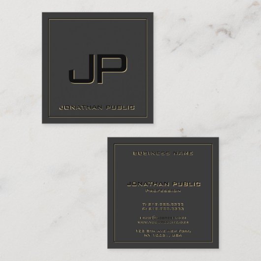 Aangepaste Monogram Sjabloon Elegant Zwart & Goud Vierkante Visitekaartje (Voorkant / Achterkant)