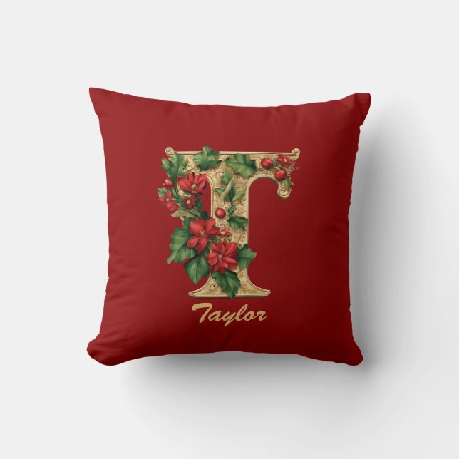 Aangepaste  Monogram T Christmas Red Gold Throw Kussen (Voorkant)