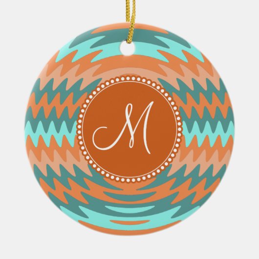 Aangepaste monogram tribaal koraal Aqua Ripples-go Keramisch Ornament (Voorkant)