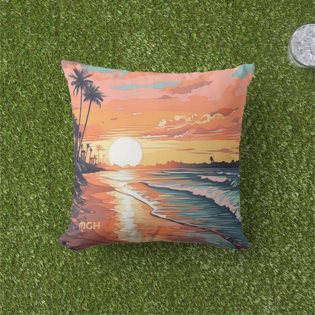 Aangepaste Monogram Tropical Beach Sunset Buitenkussen (Gras)