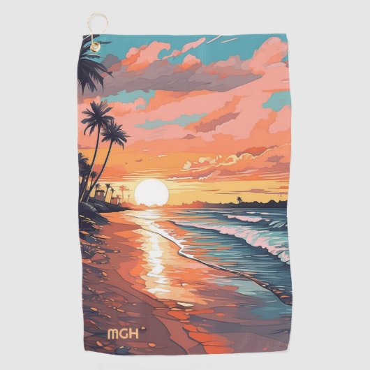 Aangepaste Monogram Tropical Beach Sunset Golfhanddoek (Voorkant)