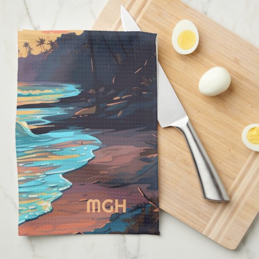 Aangepaste Monogram Tropical Beach Sunset Theedoek (Quarter Fold)