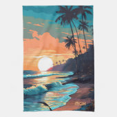 Aangepaste Monogram Tropical Beach Sunset Theedoek (Verticaal)
