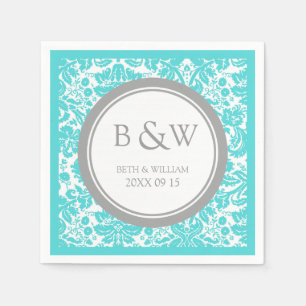 Aangepaste Monogram Trouwservet Aqua Gray Damask Servetten