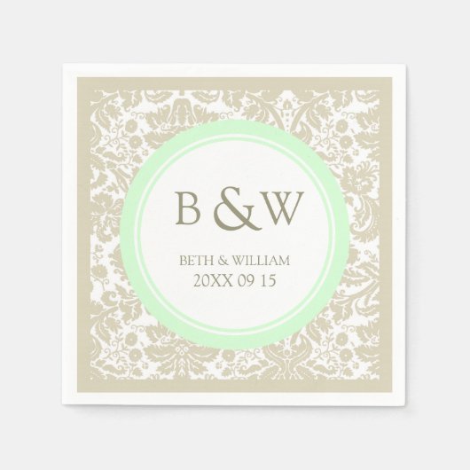 Aangepaste Monogram Trouwservet Beige Mint Damask Servetten (Voorkant)