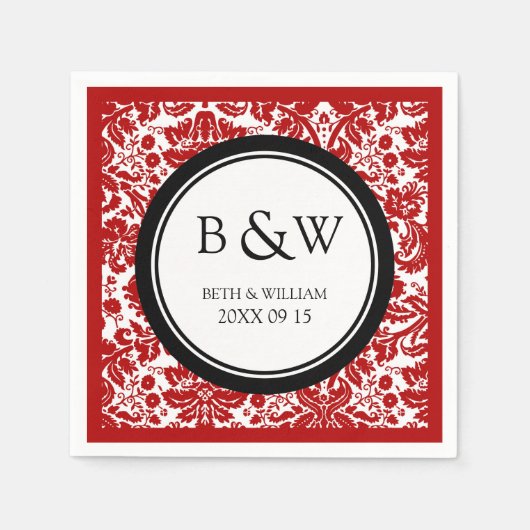 Aangepaste Monogram Trouwservet Zwart Rood Damast Servetten (Voorkant)
