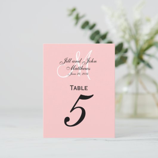 Aangepaste Monogram Trouwtafel Nummer Roze Briefkaart (Staand voorkant)