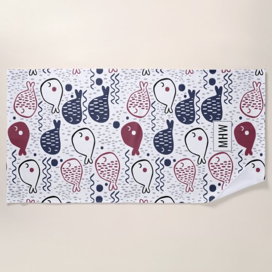 Aangepaste monogram vispatroon badhanddoek (Voorkant)