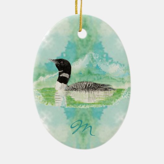 Aangepaste monogram Waterverf Loon Bird Keramisch Ornament (Achterkant)