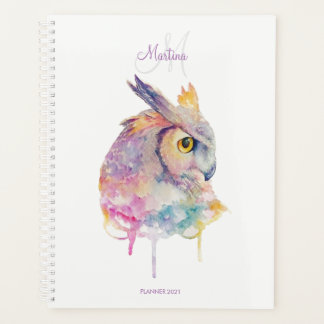 Aangepaste monogram waterverf Owl Planner