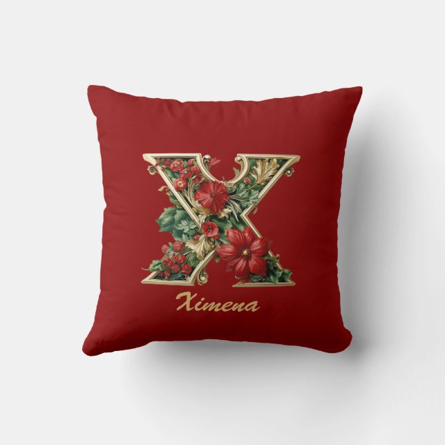 Aangepaste  Monogram X Christmas Red Gold Throw Kussen (Achterkant)