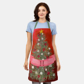 Aangepaste Monogram Xmas Rode Waterverf Kerstboom Schort (Gedragen)